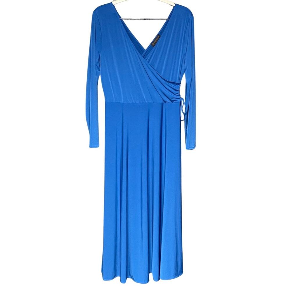 Chadwick’s blue faux wrap dress midi flowy swingy comfortable v-neck size 14